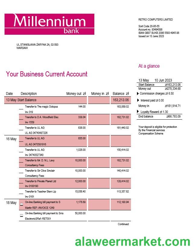 Millenium Bank enterprise statement Word and PDF template